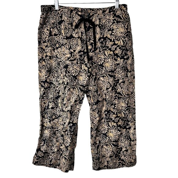 Cabi Wide Leg 100% Linen Cropped Pants Style 509 Batik Print Black Beige Size M - Picture 1 of 11